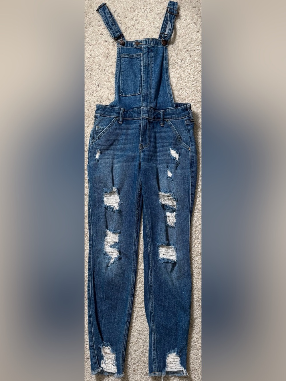 Hollister Women’s XS Distressed Skinny Crop Denim Bib Overalls Stretch